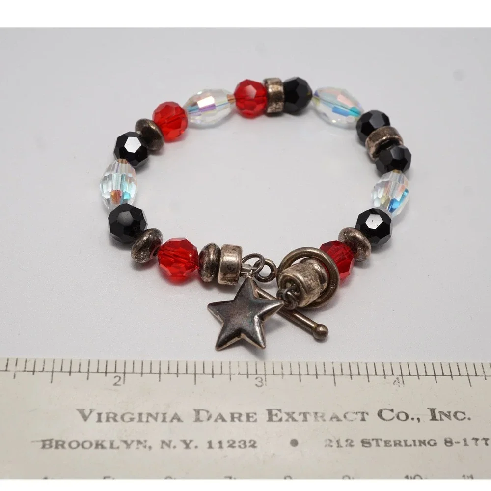 Sterling Silver Star Toggle Bracelet Red Black Iridescent Glass Beads 8 Inch